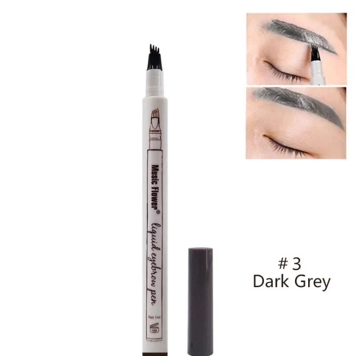Waterproof four-tip eyebrow pen with fork tip applicator for natural hair-like brow strokes, 1ML liquid tint