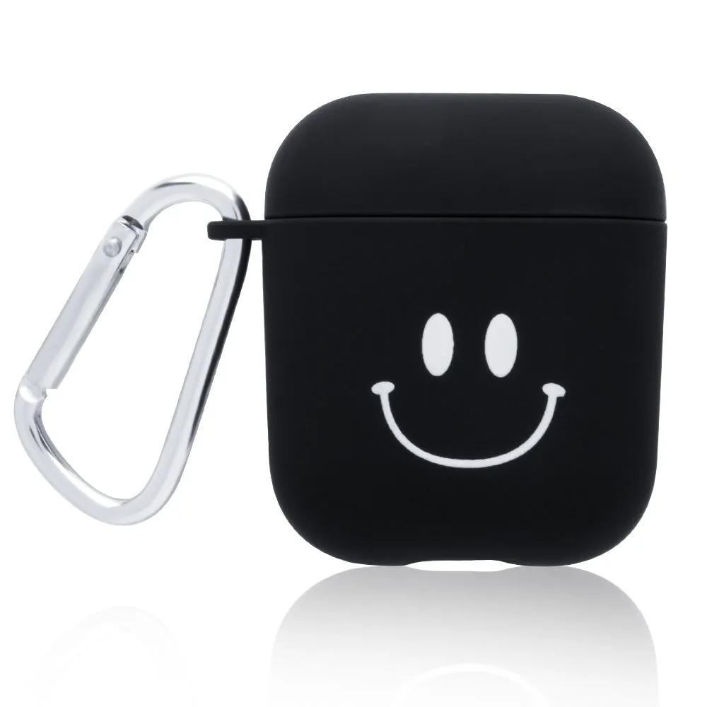 Black and Pink AirPods case covers with Flower, Love, and Smiley face emoji designs.