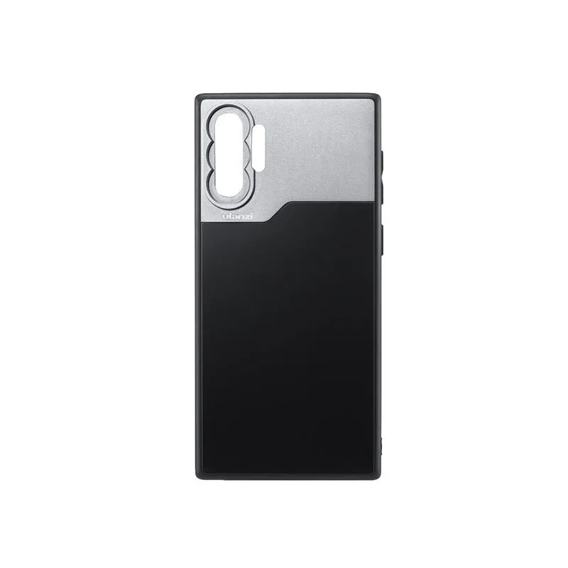 Black mobile phone back cover case with PC aluminium TPU construction and integrated lens shell element for Samsung NOTE10 and iPhone 8 Plus