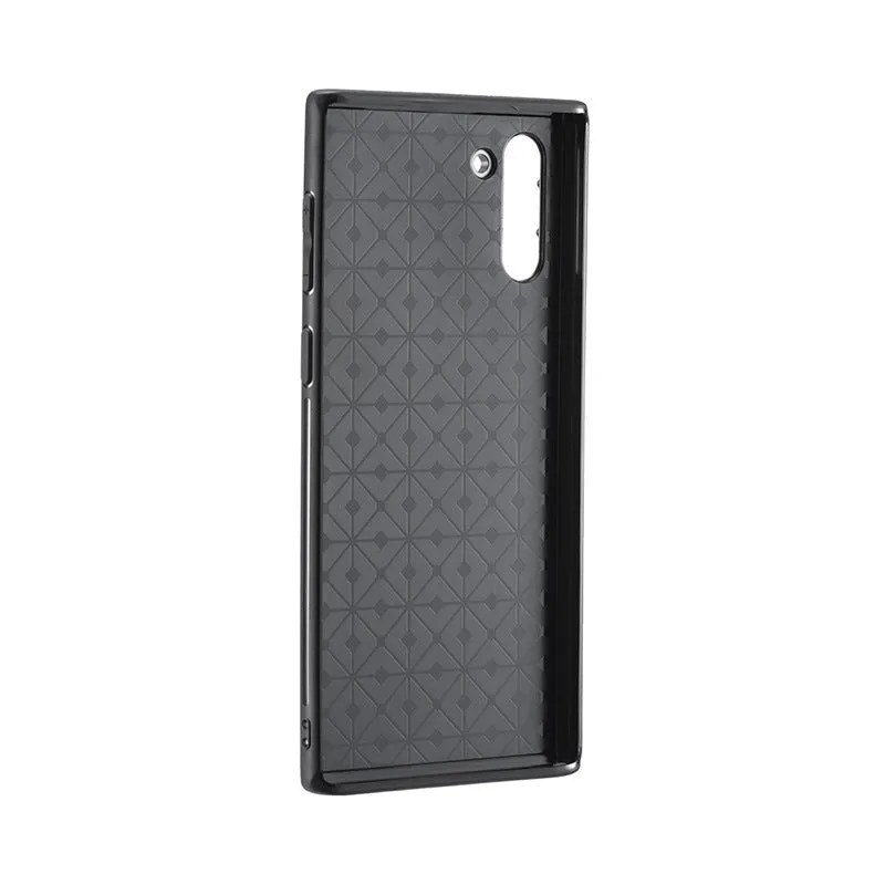Black mobile phone back cover case with PC aluminium TPU construction and integrated lens shell element for Samsung NOTE10 and iPhone 8 Plus