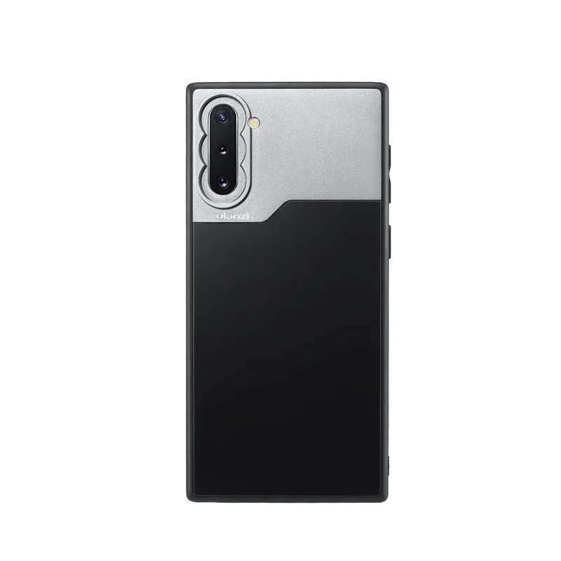 Black mobile phone back cover case with PC aluminium TPU construction and integrated lens shell element for Samsung NOTE10 and iPhone 8 Plus