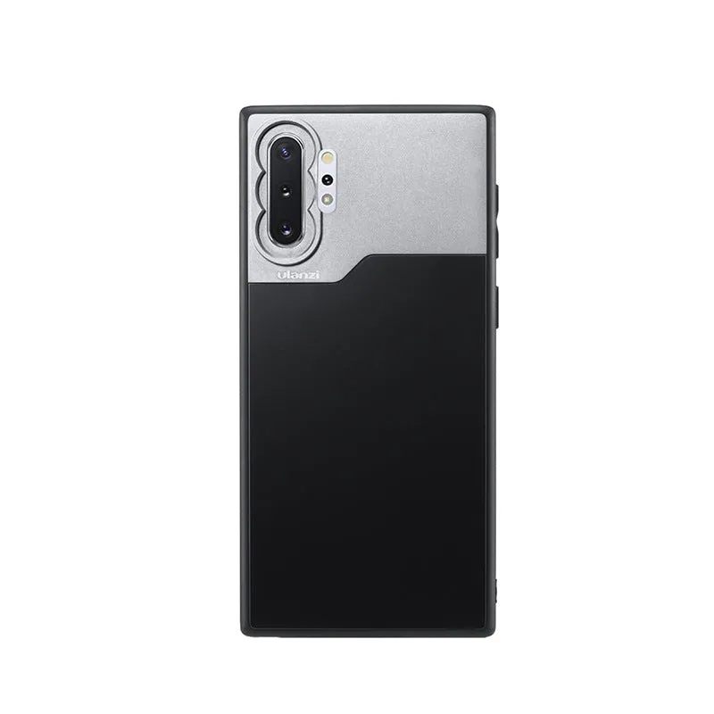 Black mobile phone back cover case with PC aluminium TPU construction and integrated lens shell element for Samsung NOTE10 and iPhone 8 Plus