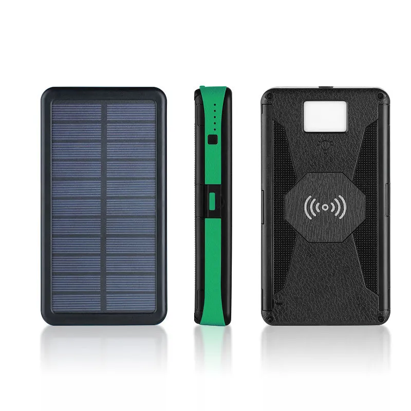 20000mAh magnetic solar power bank in black with IPX5 waterproof rating, showing solar panel and LED light