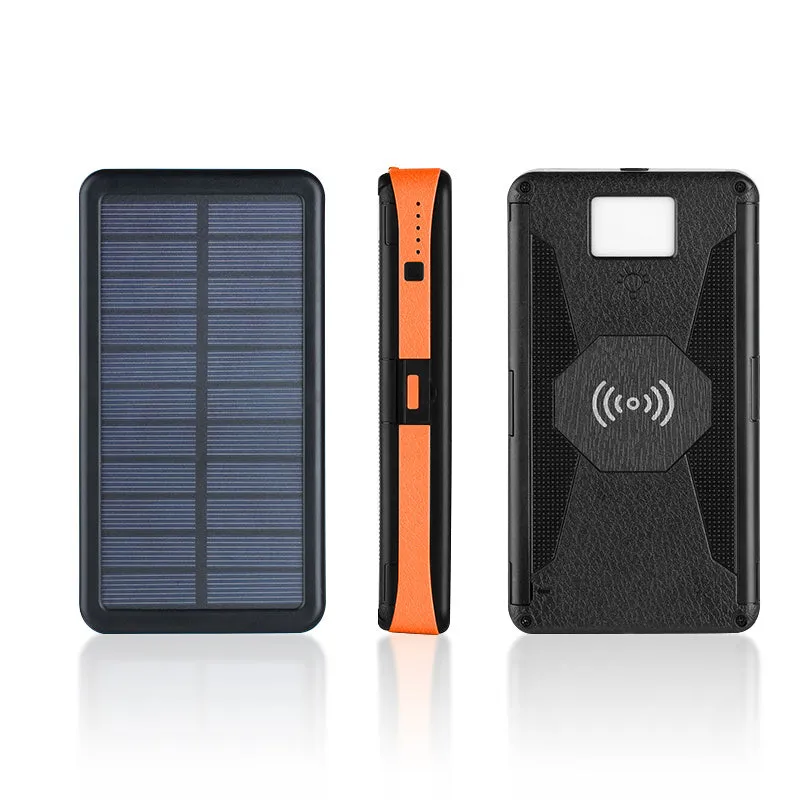 20000mAh magnetic solar power bank in black with IPX5 waterproof rating, showing solar panel and LED light