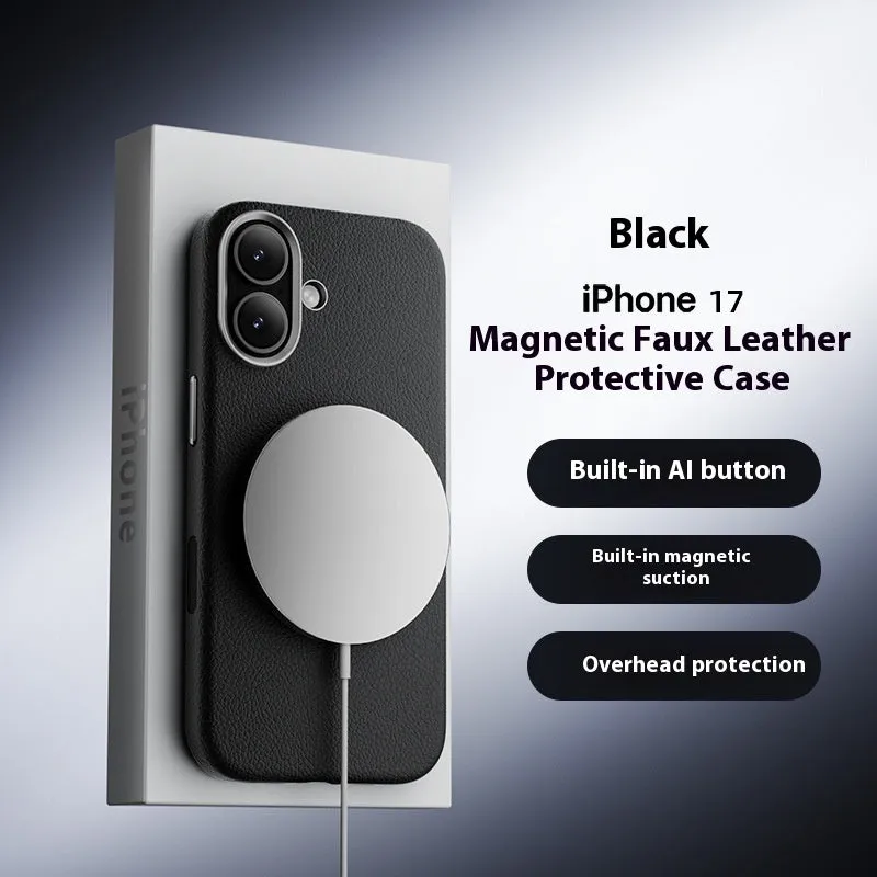 Black magnetic leather phone case for iPhone 17 Pro with electroplated finish