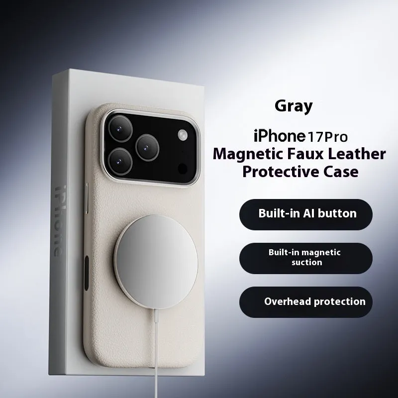 Black magnetic leather phone case for iPhone 17 Pro with electroplated finish