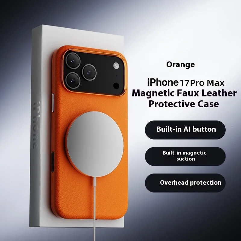 Black magnetic leather phone case for iPhone 17 Pro with electroplated finish