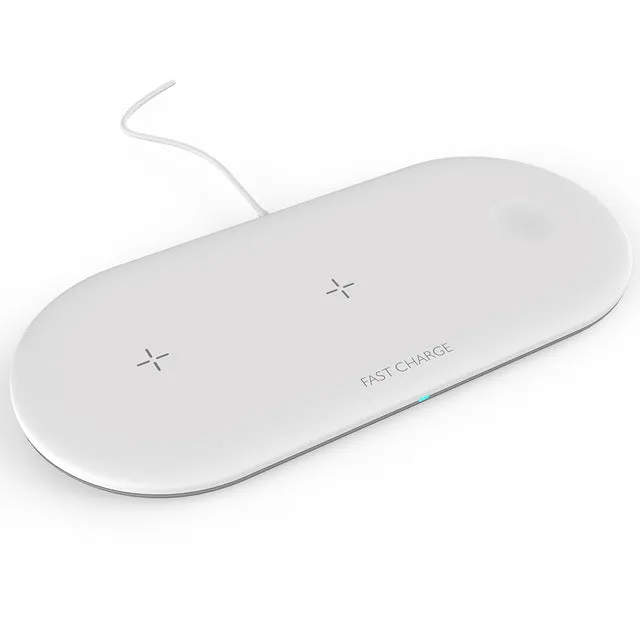 Black three-in-one wireless charging station for Apple mobile phone, iWatch and headphones on desktop