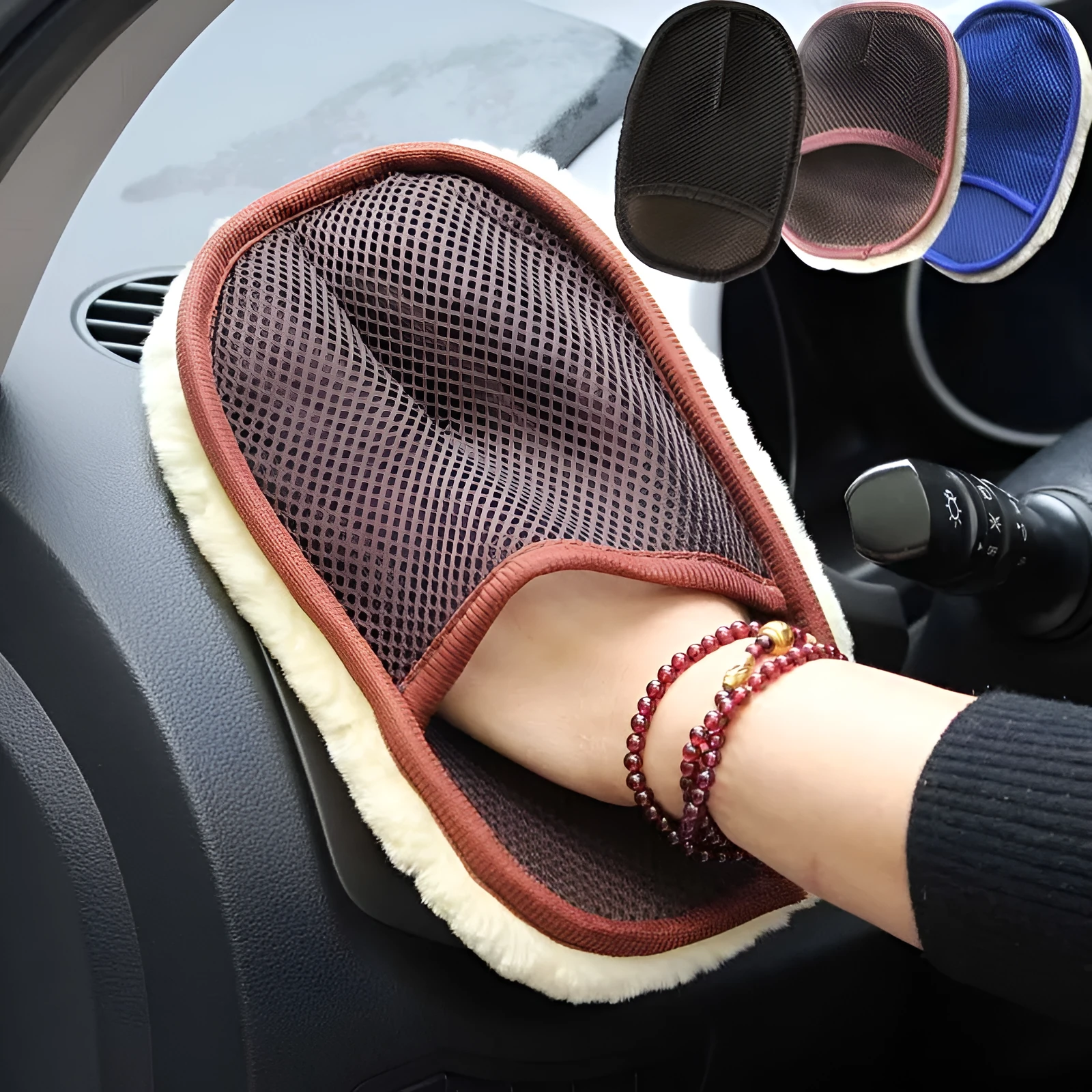 Pair of soft artificial wool car wash cleaning gloves in black, blue and brown, 15cm wide 24cm long