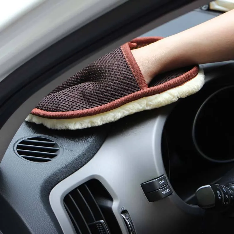 Pair of soft artificial wool car wash cleaning gloves in black, blue and brown, 15cm wide 24cm long