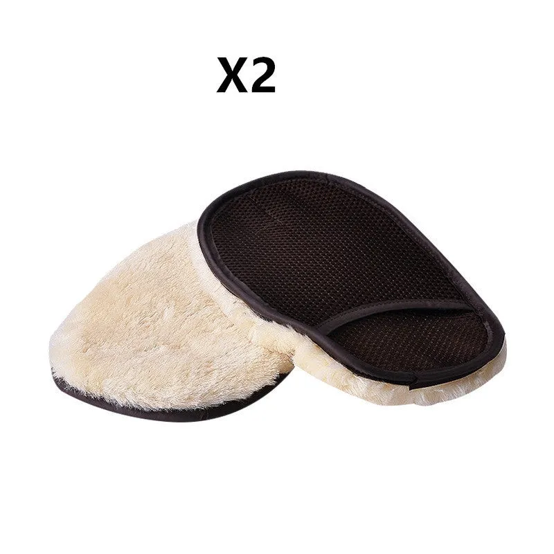 Pair of soft artificial wool car wash cleaning gloves in black, blue and brown, 15cm wide 24cm long