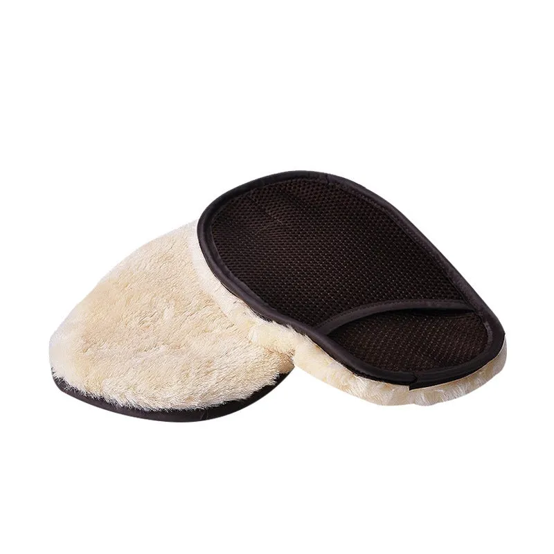 Pair of soft artificial wool car wash cleaning gloves in black, blue and brown, 15cm wide 24cm long