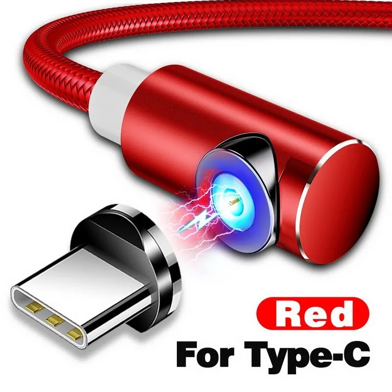 Black L-shape magnetic charging cable with aluminium housing and Micro USB, Type-C, and Lightning magnetic tips.