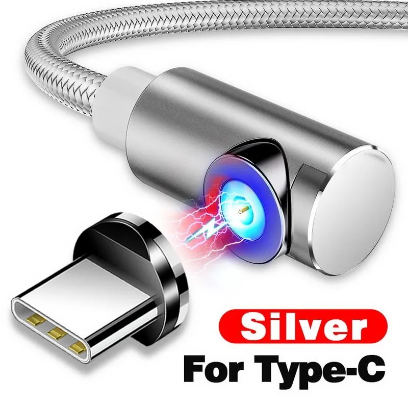 Black L-shape magnetic charging cable with aluminium housing and Micro USB, Type-C, and Lightning magnetic tips.