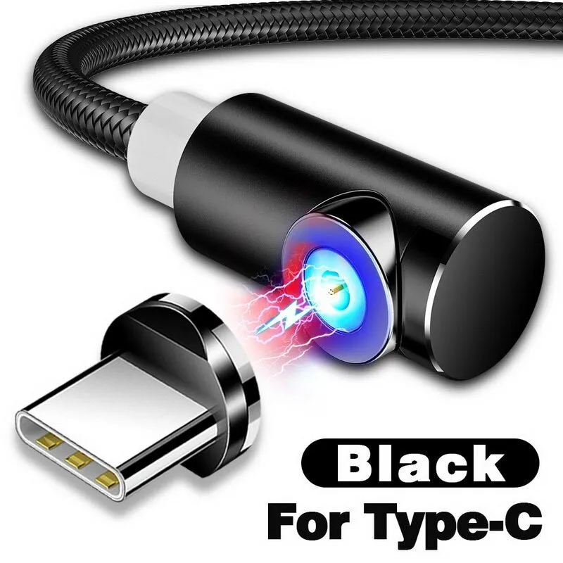 Black L-shape magnetic charging cable with aluminium housing and Micro USB, Type-C, and Lightning magnetic tips.