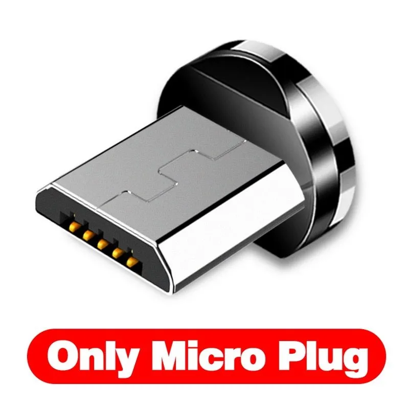 Black L-shape magnetic charging cable with aluminium housing and Micro USB, Type-C, and Lightning magnetic tips.