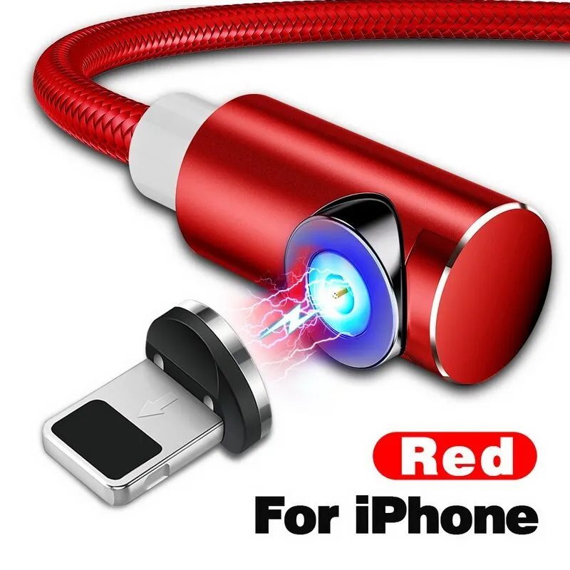 Black L-shape magnetic charging cable with aluminium housing and Micro USB, Type-C, and Lightning magnetic tips.