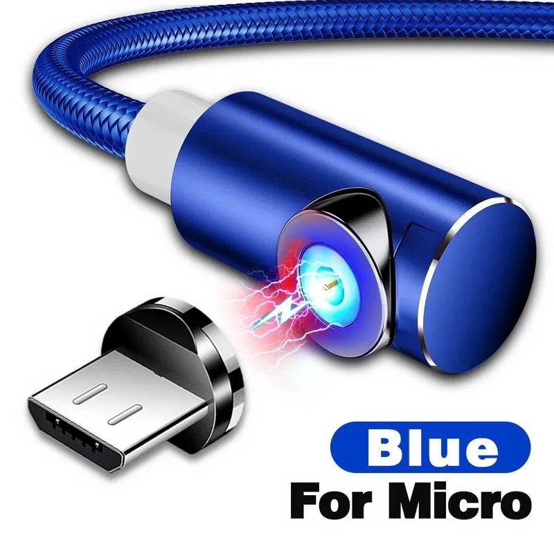 Black L-shape magnetic charging cable with aluminium housing and Micro USB, Type-C, and Lightning magnetic tips.