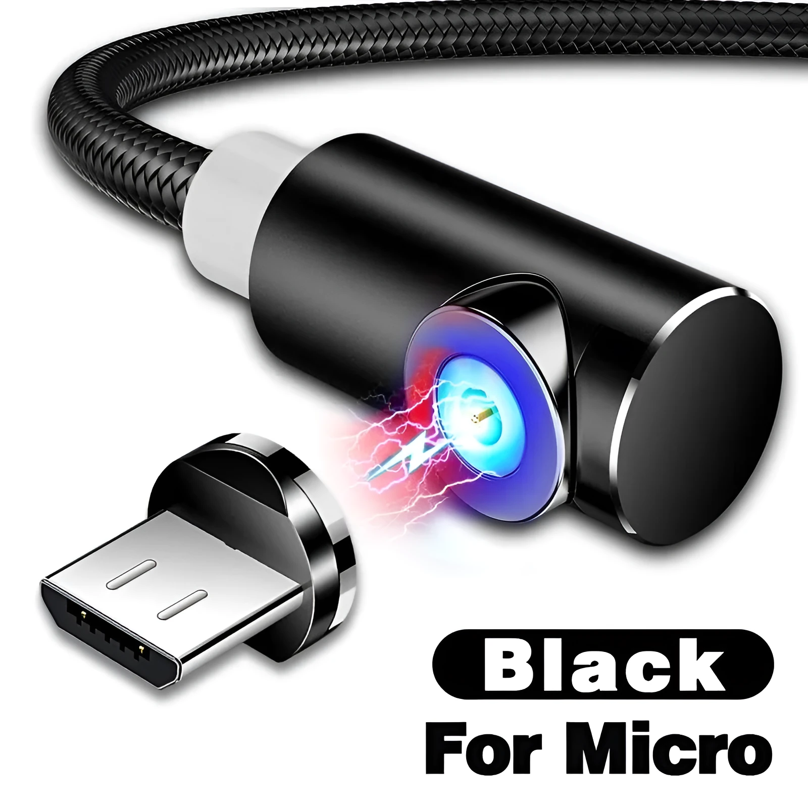 Black L-shape magnetic charging cable with aluminium housing and Micro USB, Type-C, and Lightning magnetic tips.