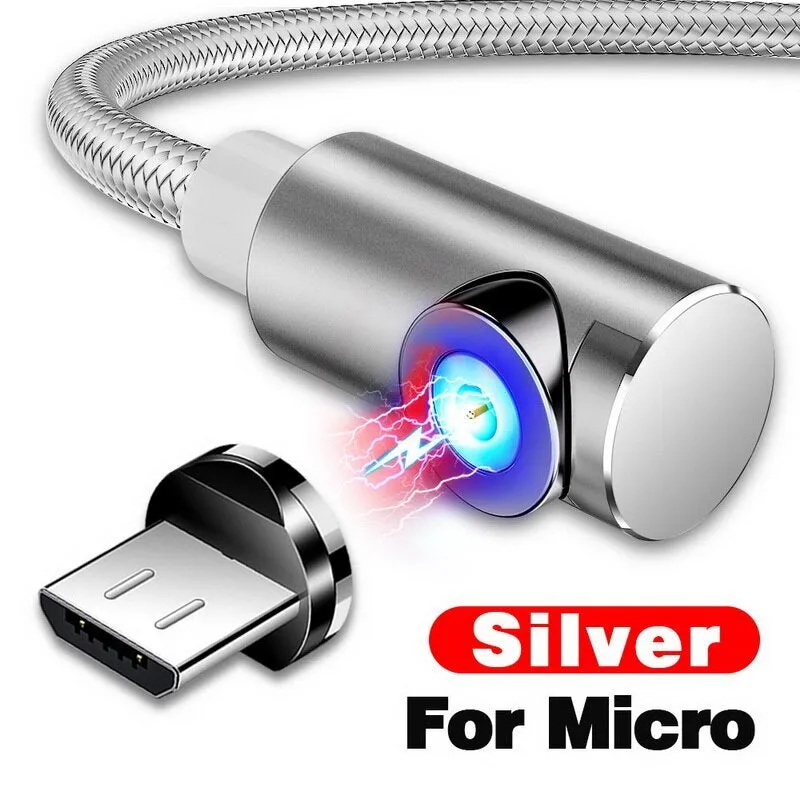 Black L-shape magnetic charging cable with aluminium housing and Micro USB, Type-C, and Lightning magnetic tips.