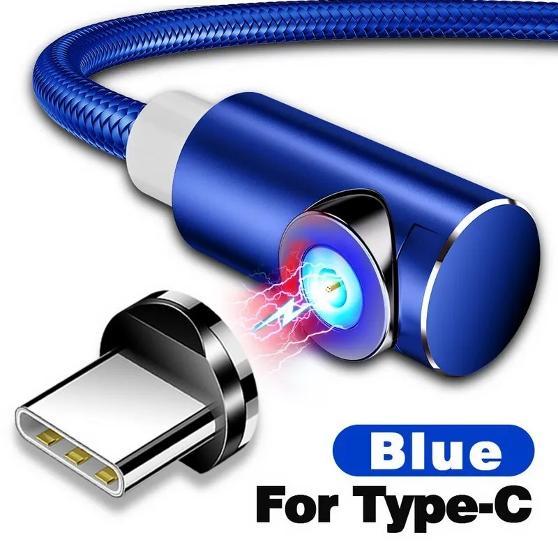 Black L-shape magnetic charging cable with aluminium housing and Micro USB, Type-C, and Lightning magnetic tips.