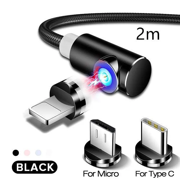 Black L-shape magnetic charging cable with aluminium housing and Micro USB, Type-C, and Lightning magnetic tips.