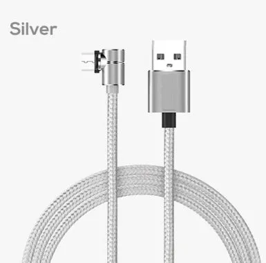 Black L-shape magnetic charging cable with aluminium housing and Micro USB, Type-C, and Lightning magnetic tips.