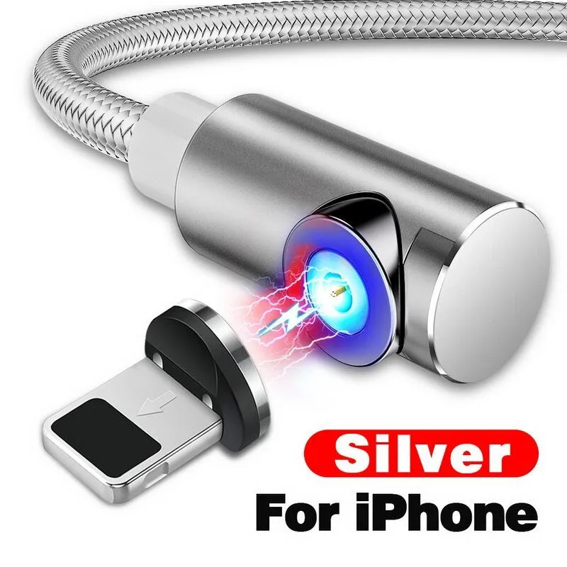 Black L-shape magnetic charging cable with aluminium housing and Micro USB, Type-C, and Lightning magnetic tips.