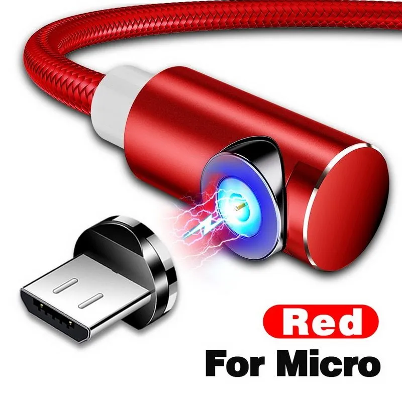 Black L-shape magnetic charging cable with aluminium housing and Micro USB, Type-C, and Lightning magnetic tips.