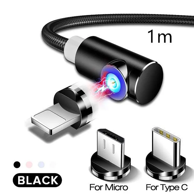 Black L-shape magnetic charging cable with aluminium housing and Micro USB, Type-C, and Lightning magnetic tips.