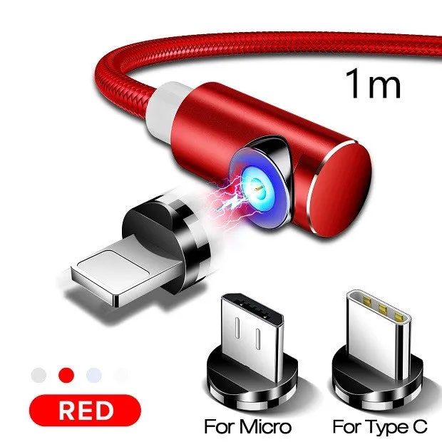 Black L-shape magnetic charging cable with aluminium housing and Micro USB, Type-C, and Lightning magnetic tips.