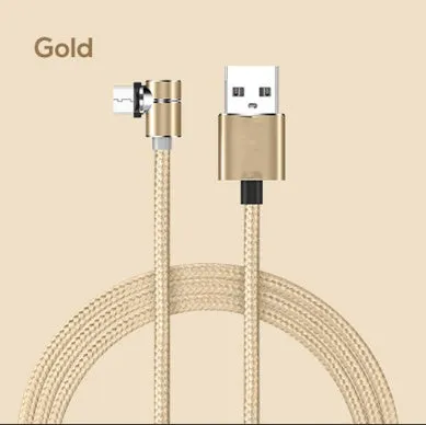 Black L-shape magnetic charging cable with aluminium housing and Micro USB, Type-C, and Lightning magnetic tips.
