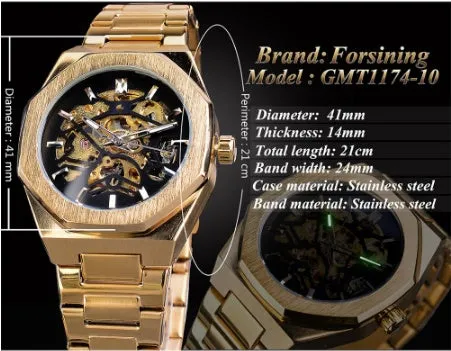 Men's mechanical automatic watch with skeleton dial, stainless steel case, and black genuine leather band on a white background