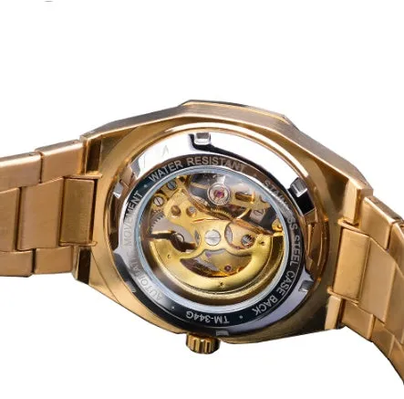 Men's mechanical automatic watch with skeleton dial, stainless steel case, and black genuine leather band on a white background