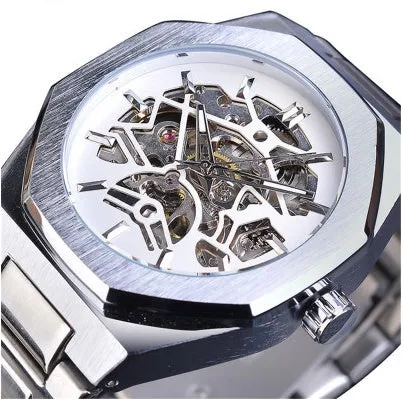 Men's mechanical automatic watch with skeleton dial, stainless steel case, and black genuine leather band on a white background