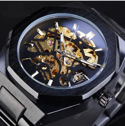 Men's mechanical automatic watch with skeleton dial, stainless steel case, and black genuine leather band on a white background