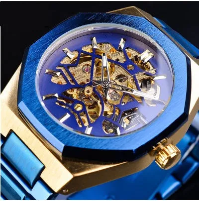 Men's mechanical automatic watch with skeleton dial, stainless steel case, and black genuine leather band on a white background
