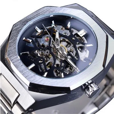 Men's mechanical automatic watch with skeleton dial, stainless steel case, and black genuine leather band on a white background