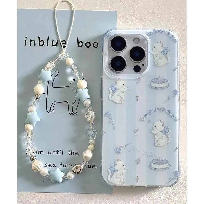 Blue and white striped PC phone case with cat lanyard for Apple iPhone, displaying fall protection design