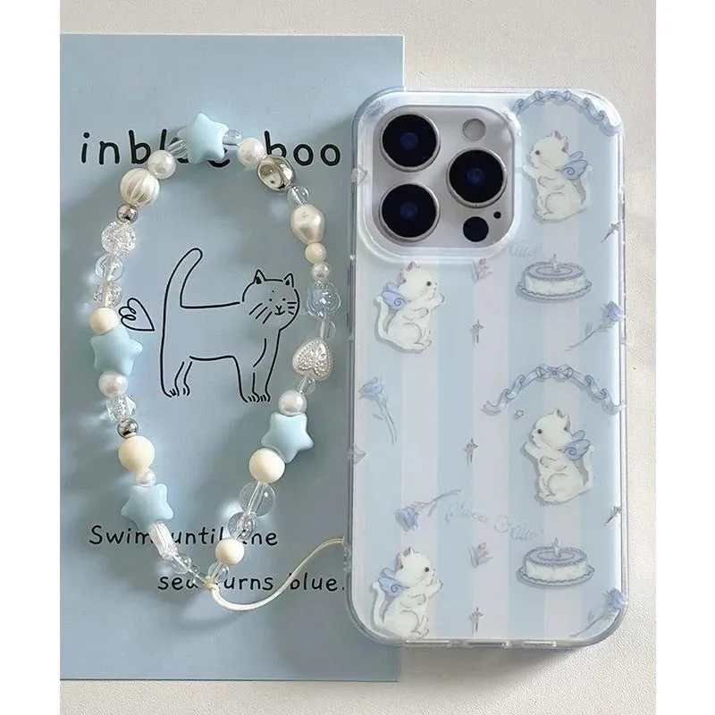 Blue and white striped PC phone case with cat lanyard for Apple iPhone, displaying fall protection design