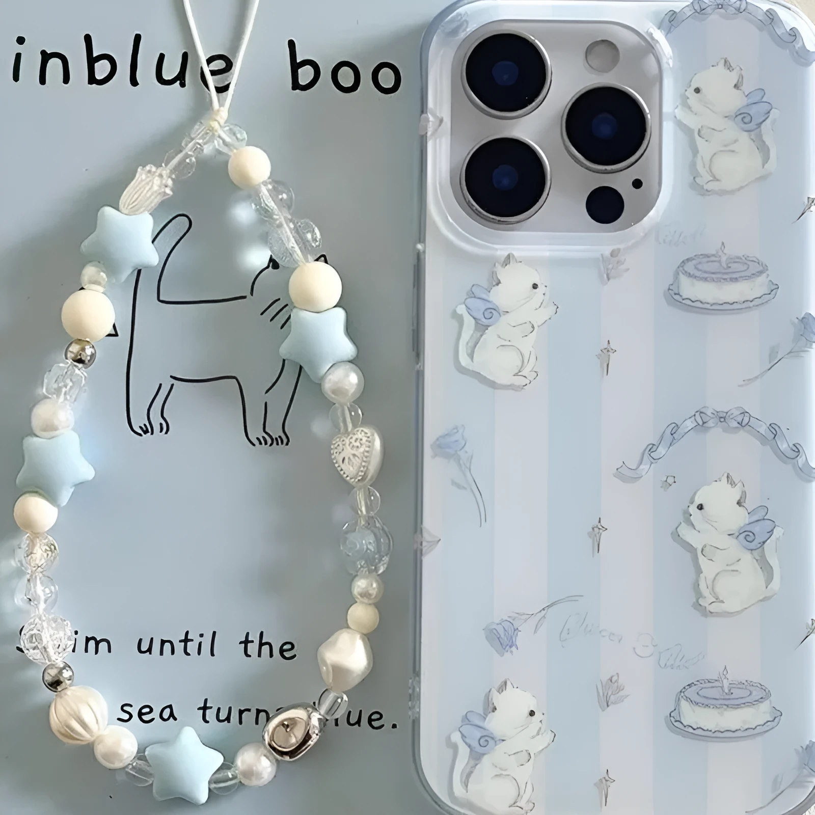 Blue and white striped PC phone case with cat lanyard for Apple iPhone, displaying fall protection design