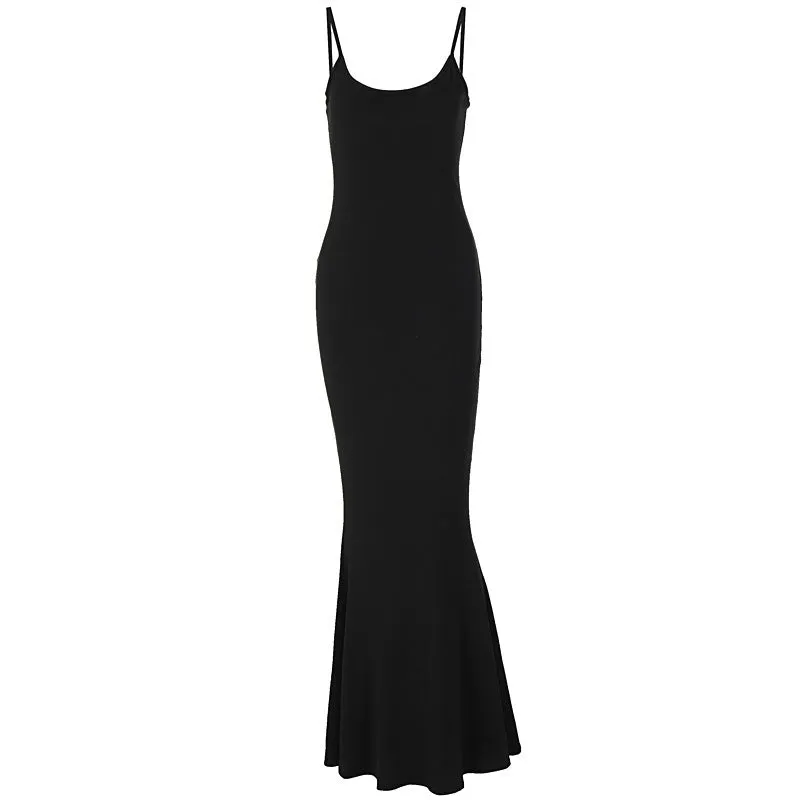 Spaghetti strap long bodycon dress for women, solid colour, high waist A-line skirt, available in pink
