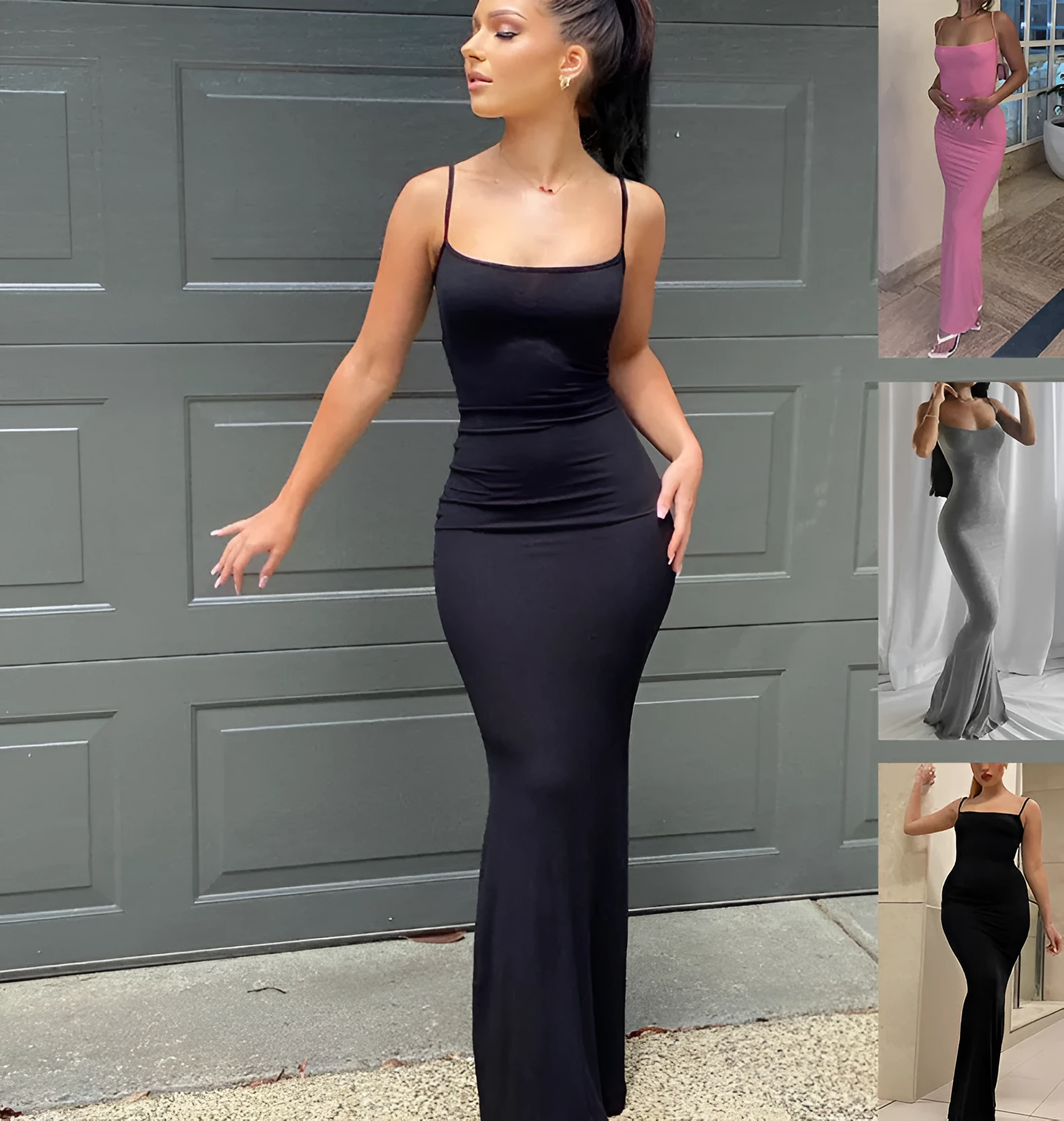Spaghetti strap long bodycon dress for women, solid colour, high waist A-line skirt, available in pink
