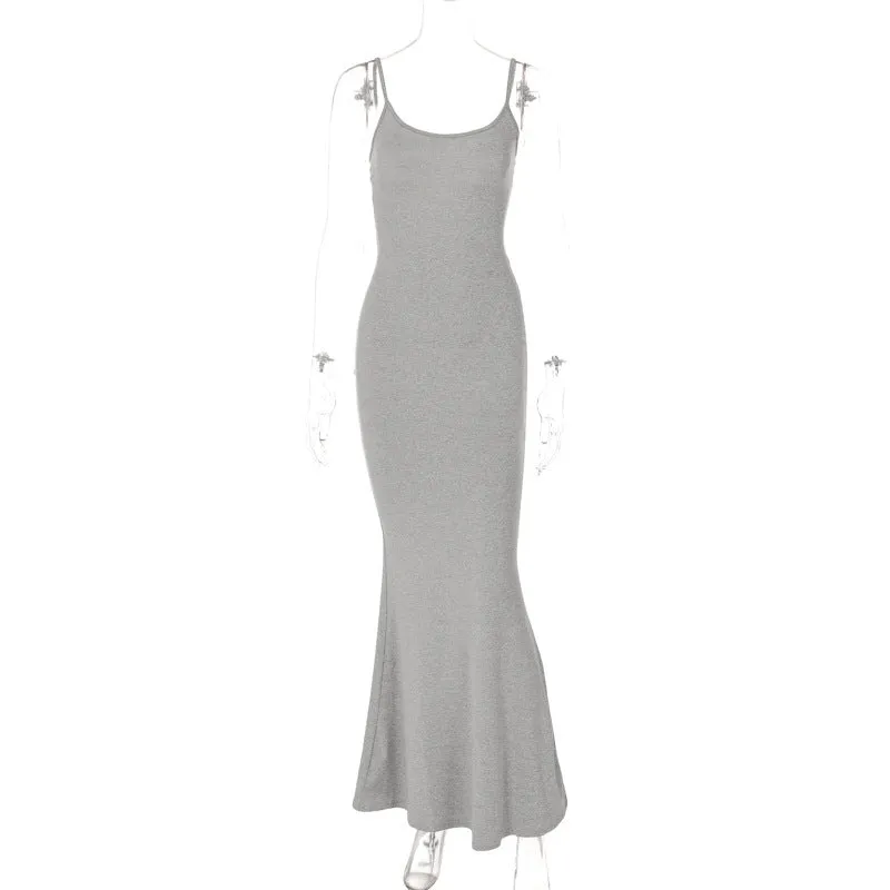 Spaghetti strap long bodycon dress for women, solid colour, high waist A-line skirt, available in pink