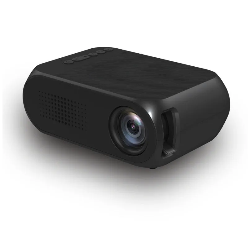 Mini portable projector in black with LED lens and 20-80 inch projection capability
