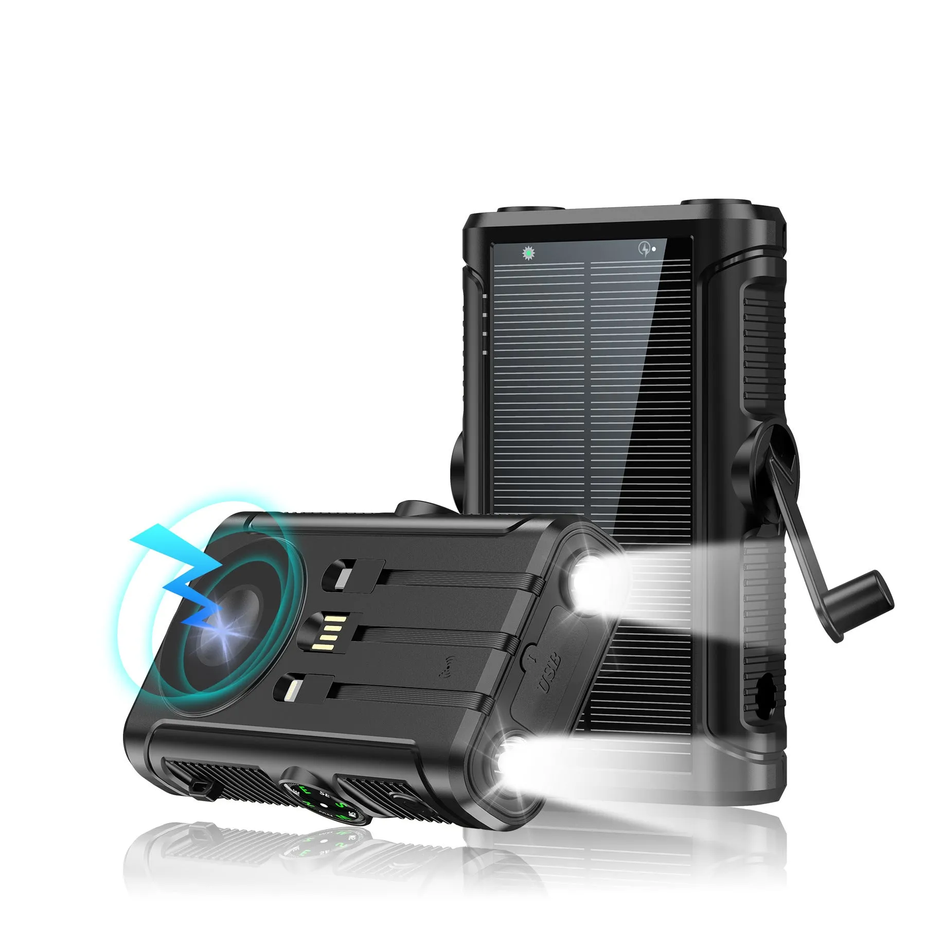 Solar hand crank power bank 20000mAh black plastic shell outdoor camping charger