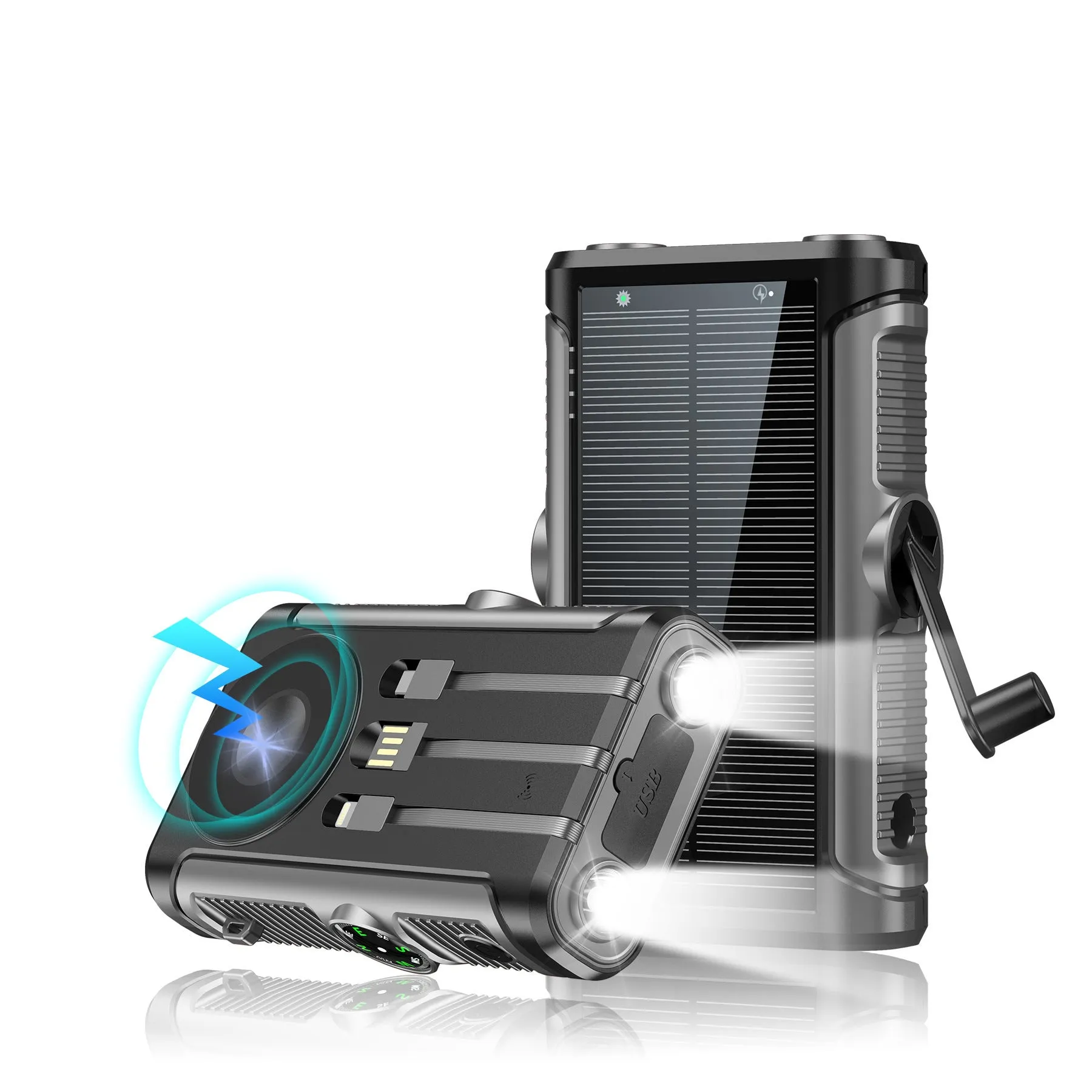 Solar hand crank power bank 20000mAh black plastic shell outdoor camping charger