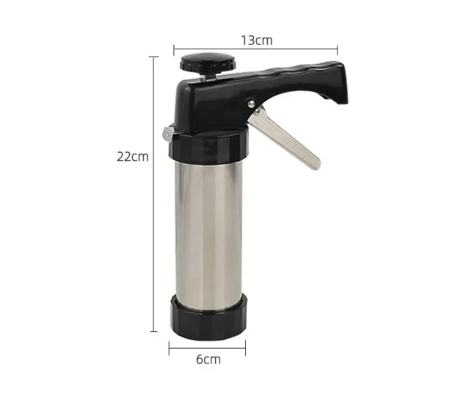 Stainless steel biscuit press cookie machine with 13 moulds and 8 piping nozzles in a colour gift box