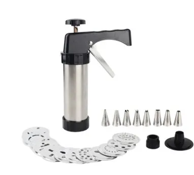Stainless steel biscuit press cookie machine with 13 moulds and 8 piping nozzles in a colour gift box