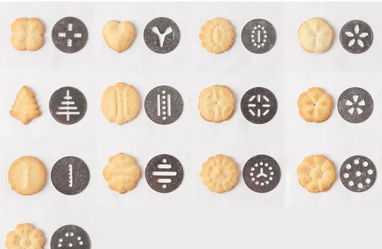 Stainless steel biscuit press cookie machine with 13 moulds and 8 piping nozzles in a colour gift box